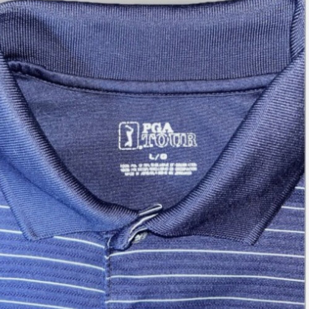 PGA TOUR Men's Blue with White Pinstripes Golf Polo Shirt Size Large Polyester - Picture 6 of 6